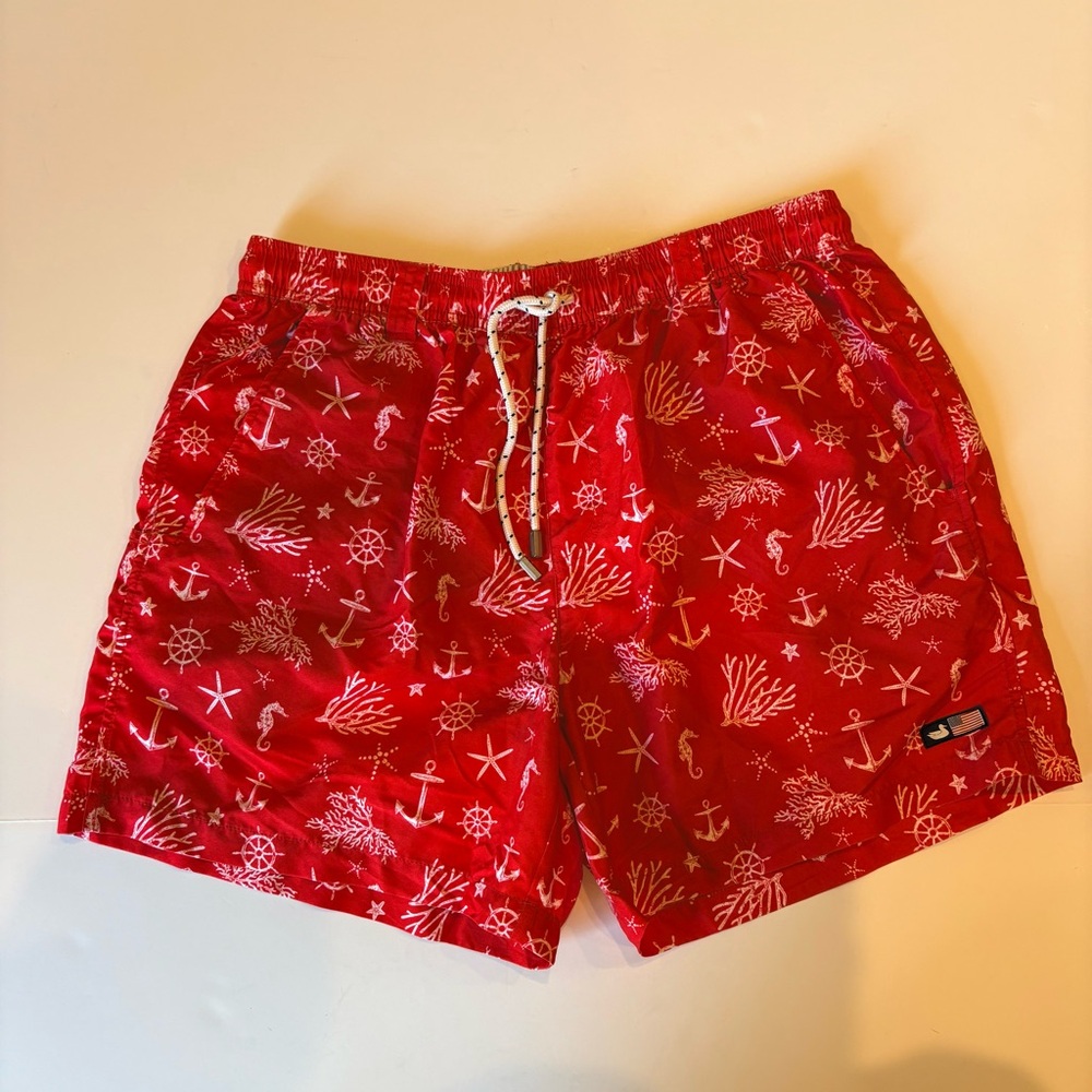 Southern Marsh Dockside Nautical Red Swim Trunks Shorts - Anchors Size Small